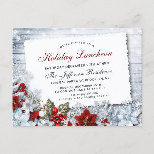 Red Poinsettia Holly Christmas Holiday Luncheon Postcard