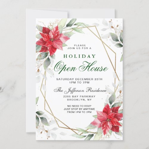 Red Poinsettia Holly Christmas Holiday Open House Invitation