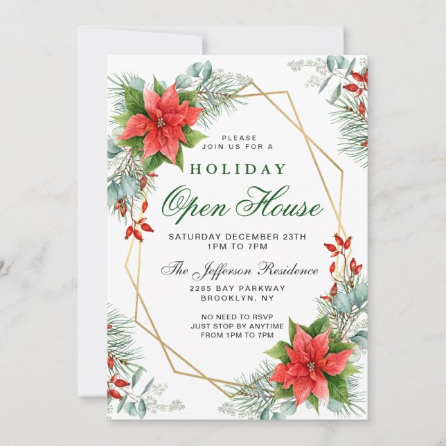 Red Poinsettia Holly Christmas Holiday Open House Invitation (Front)