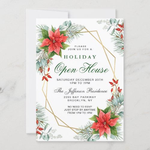 Red Poinsettia Holly Christmas Holiday Open House Invitation