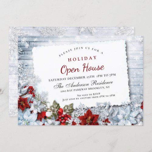 Red Poinsettia Holly Christmas Holiday Open House Invitation