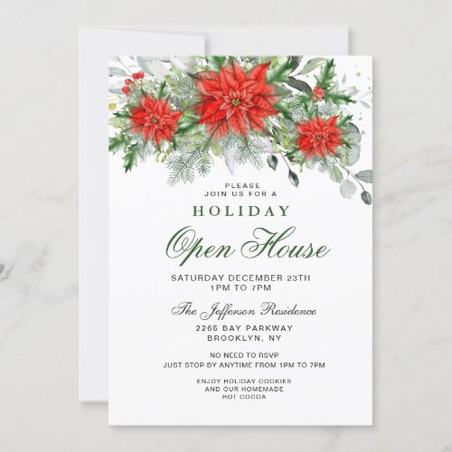 Red Poinsettia Holly Christmas Holiday Open House Invitation