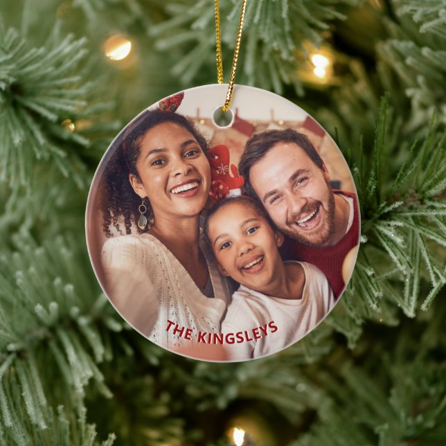 Red Poinsettia Holly Christmas Holiday Photo Ceramic Ornament (Tree)