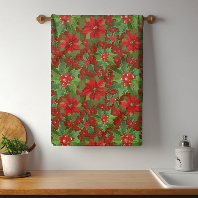Red Poinsettia Holly Floral Pattern | Christmas Kitchen Towel (Creator Uploaded)
