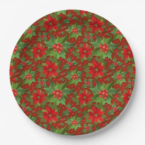 Red Poinsettia Holly Floral Pattern  Christmas Paper Plates