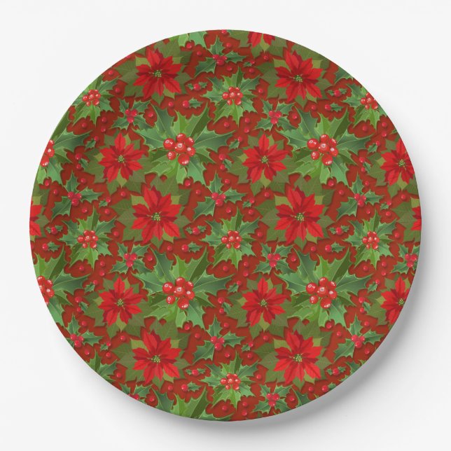 Red Poinsettia Holly Floral Pattern | Christmas Paper Plates (Front)