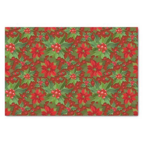 Red Poinsettia Holly Floral Pattern  Christmas Tissue Paper
