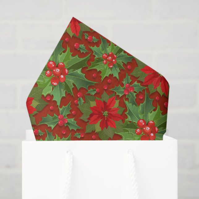 Red Poinsettia Holly Floral Pattern | Christmas Tissue Paper (Gift Bag)