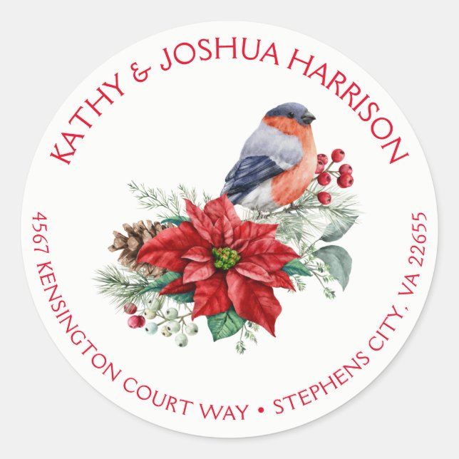 Red Poinsettia Holly Pine Berries Bird Christmas Classic Round Sticker (Front)
