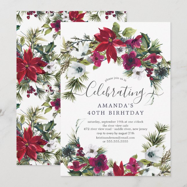 Red Poinsettia Holly Pine Birthday Party Invitation (Front/Back)