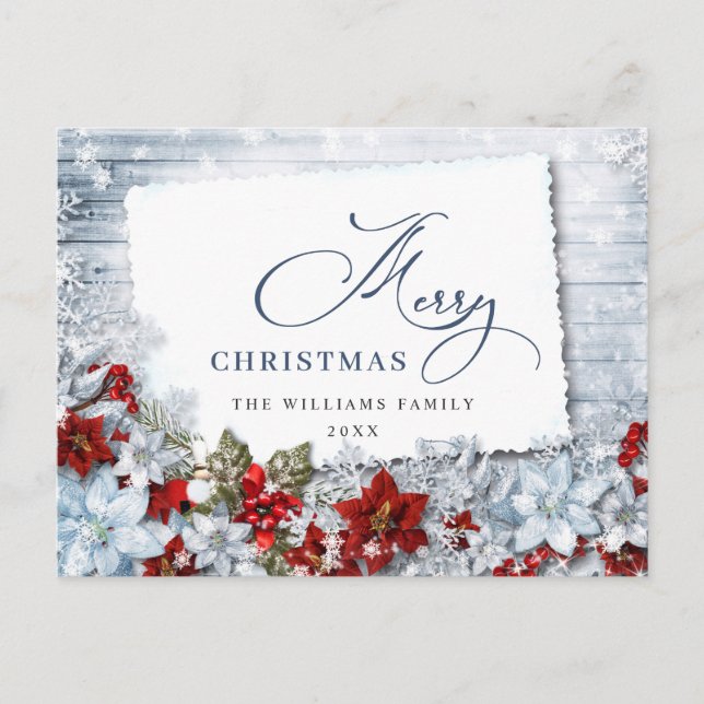 Red Poinsettia Holly Rustic Christmas Greeting Pos Postcard (Front)