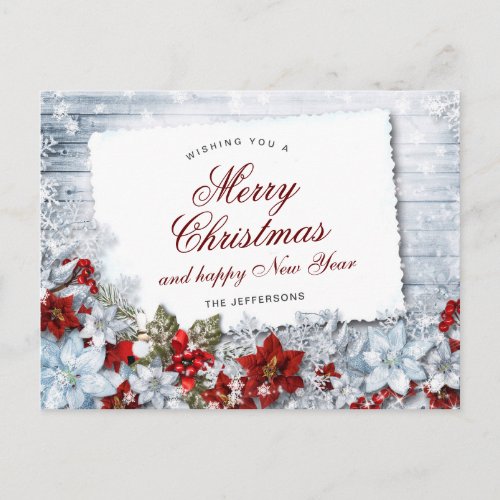 Red Poinsettia Holly Rustic Christmas Greeting Postcard