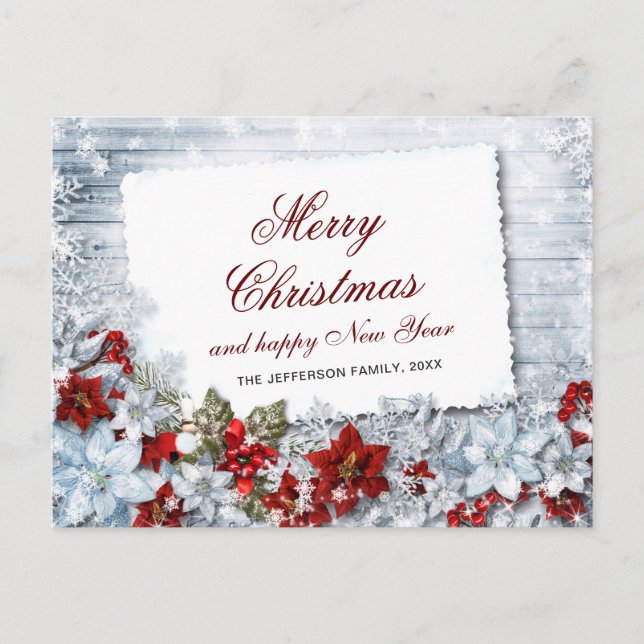 Red Poinsettia Holly Rustic Christmas Greeting Postcard (Front)