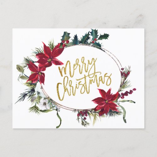 Red Poinsettia Holly Wreath Christmas Greeting Holiday Postcard