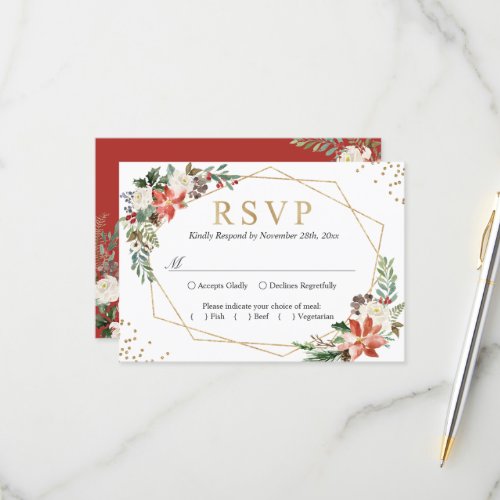 Red Poinsettia Ivory Floral Geometric Gold Wedding RSVP Card