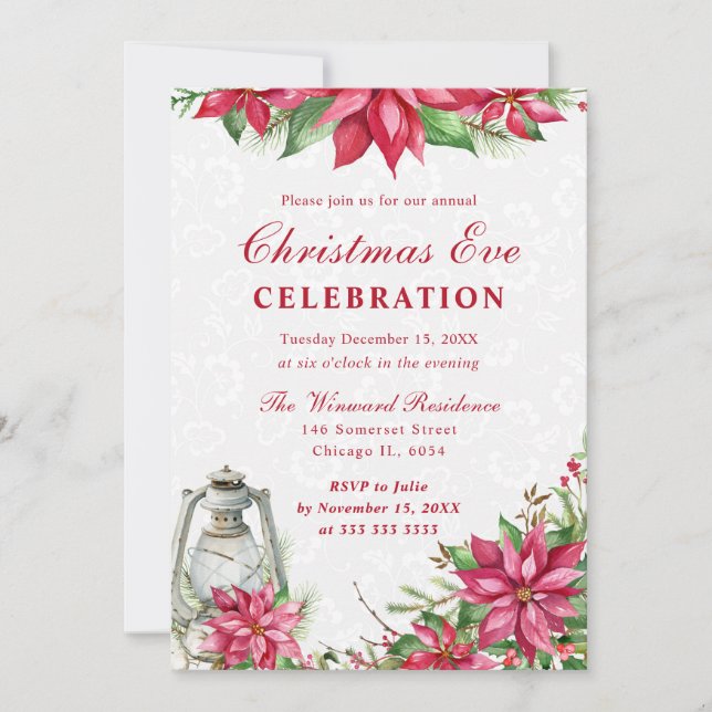 Red Poinsettia & Lantern Winter Christmas Eve Invitation (Front)