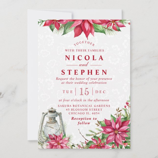 Red Poinsettia & Lantern Winter Wedding Invitation (Front)