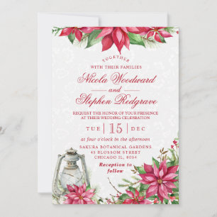 Red Poinsettia & Lantern Winter Wedding Invitation