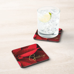 Red Poinsettia Macro Season's Greeting Holiday Beverage Coaster