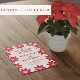 Red Poinsettia Merry & Bright Holiday Letterpress Photo Cards