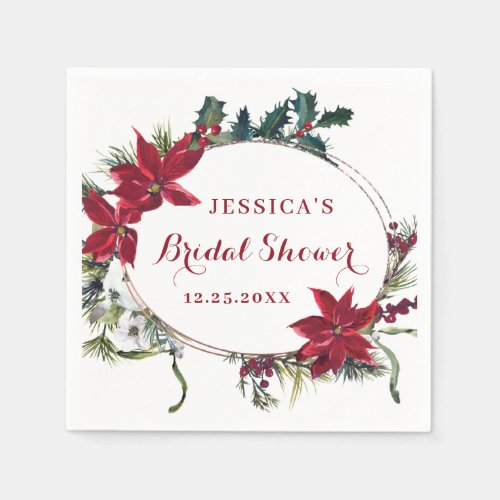 Red Poinsettia Merry Christmas Bridal Shower Paper Napkins