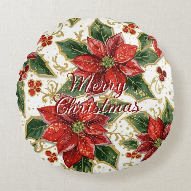Red Poinsettia Merry Christmas Flowers Round Pillow (Front)