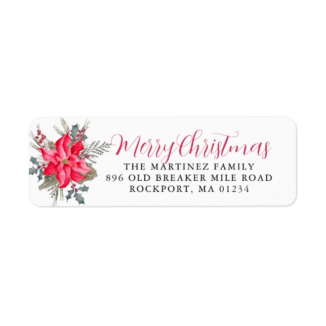 Red Poinsettia Merry Christmas Return Address Label (Front)