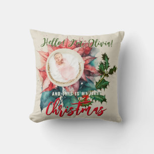 Red Poinsettia Mistletoe Baby Name Photo Christmas Throw Pillow