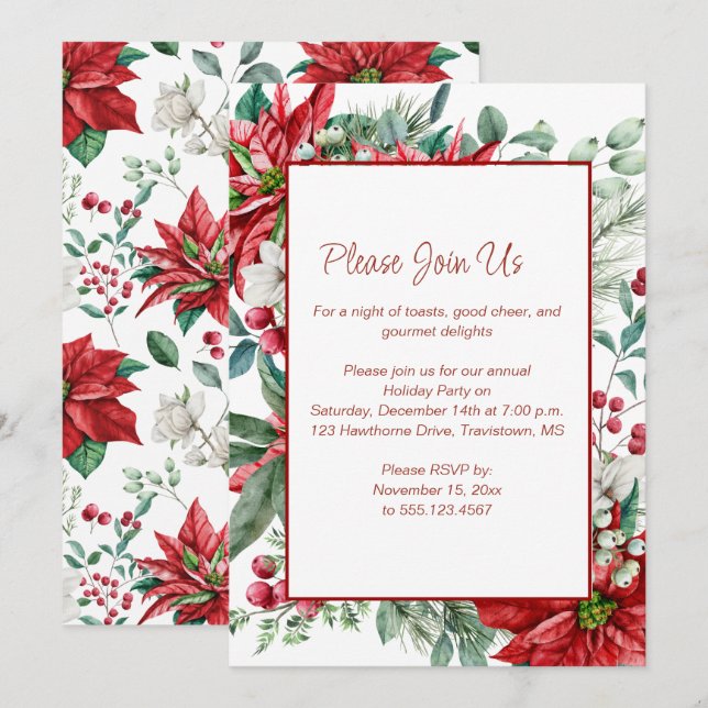 Red Poinsettia, Mistletoe, Berries Christmas Party Invitation (Front/Back)