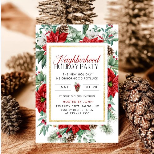  Red Poinsettia Neighborhood Holiday Party Invitation