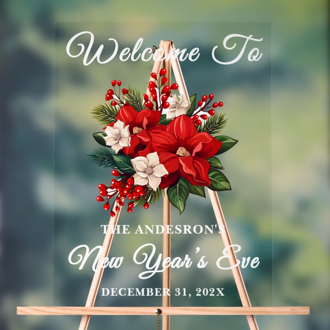 Red Poinsettia New Year’s Eve Party Welcome Acrylic Sign (Neutral)