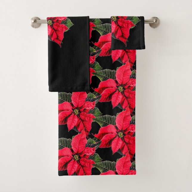 Red Poinsettia on Black Christmas Floral Bath Towel Set (Insitu)