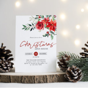 Red Poinsettia Open House Christmas Dinner Party Invitation