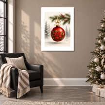 Red Poinsettia Ornament on Pine Tree