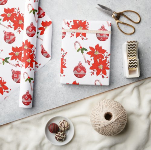 Red Poinsettia Pattern on White  Wrapping Paper