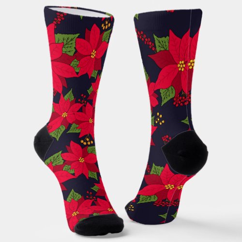 Red Poinsettia Patterned Winter Wedding Socks