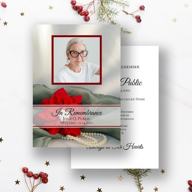 Red Poinsettia Pearls Death Anniversary Memorial Invitation (Creator Uploaded)