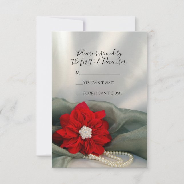 Red Poinsettia Pearls on Green Winter Wedding RSVP (Front)