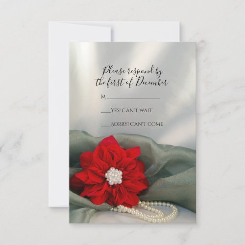 Red Poinsettia Pearls on Green Winter Wedding RSVP