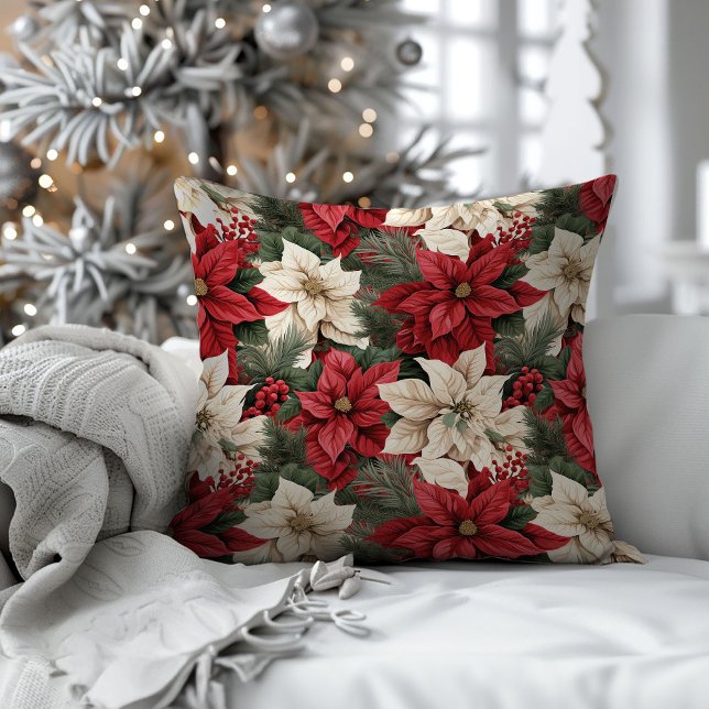 Red Poinsettia Pillow Classic Red Green Holiday (Red Poinsettia Pillow Classic Red Green Holiday)