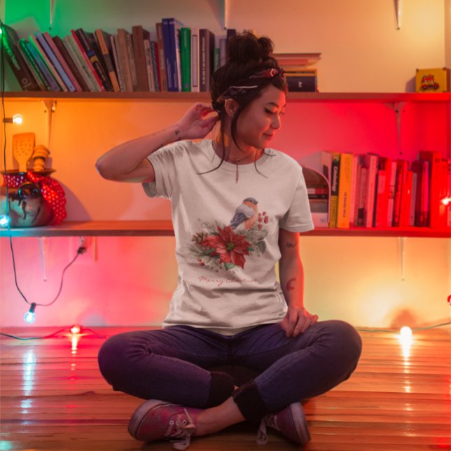 Red Poinsettia Pine Cone Bird Merry Christmas T-Shirt (Creator Uploaded)