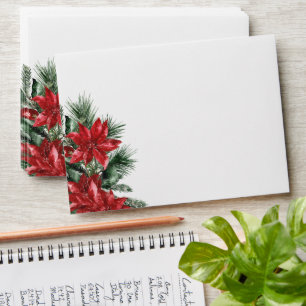 Red Poinsettia Pine Green Wedding Return Address Envelope