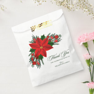Red Poinsettia Pine Greenery Christmas Favor Bag