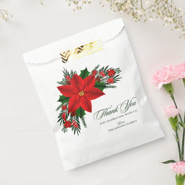 Red Poinsettia Pine Greenery Christmas Favor Bag (Sealed)