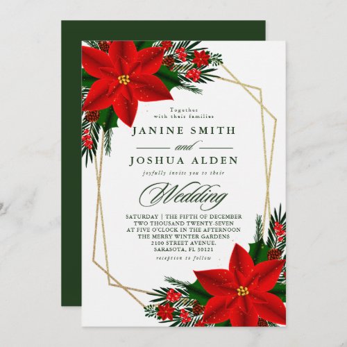 Red Poinsettia Pine Greenery Christmas Wedding Invitation