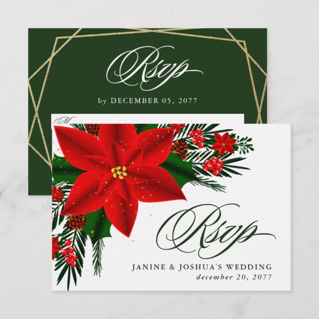 Red Poinsettia Pine Greenery Christmas Wedding RSVP Card (Front/Back)