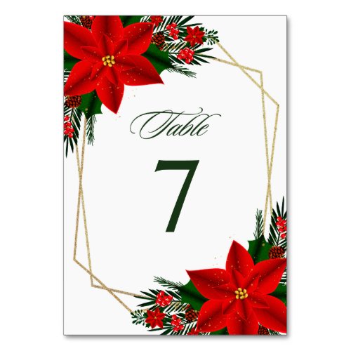 Red Poinsettia Pine Greenery Christmas Wedding Table Number