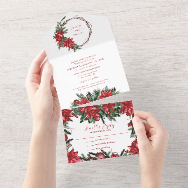 Red Poinsettia Pine Greenery Winter Wedding  All In One Invitation (Tearaway)