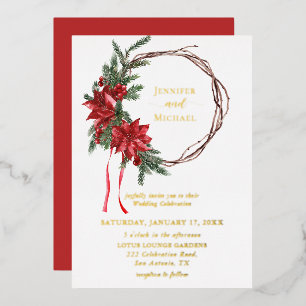 Red Poinsettia Pine Greenery Wreath Wedding Foil Invitation