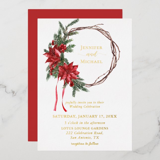 Red Poinsettia Pine Greenery Wreath Wedding Foil Invitation (Front/Back)